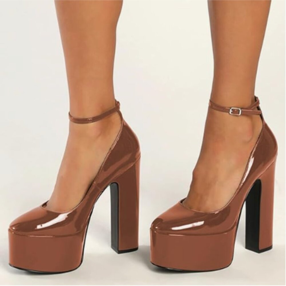 FSJ Brown Classy Ankle Strap Closed Toe Platform Chunky High Heel Night Pump